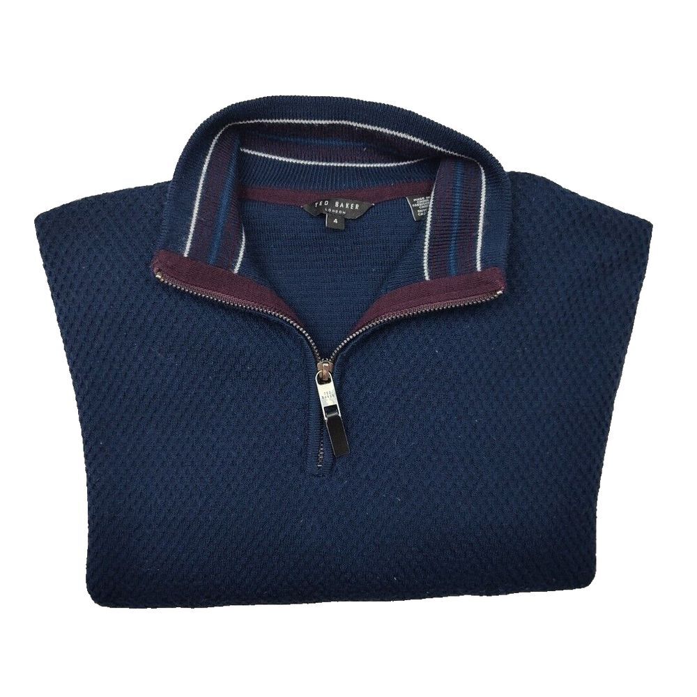Ted Baker Sweater Mens 4 Medium Blue Quarter Zip Tunnel Pullover‎ Fleece Knit